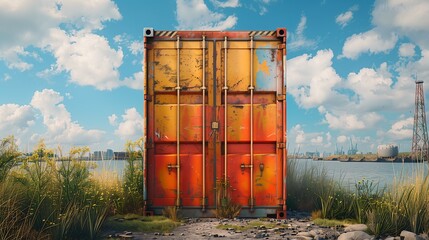 Industrial cargo containers being unloaded at commercial dock beside steel warehouse and machinery