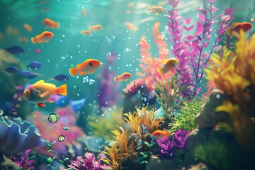 Fototapeta na wymiar Illustrate a fantastical underwater world teeming with colorful marine life, rendered in CG 3D with intricate details Show different sea creatures working together