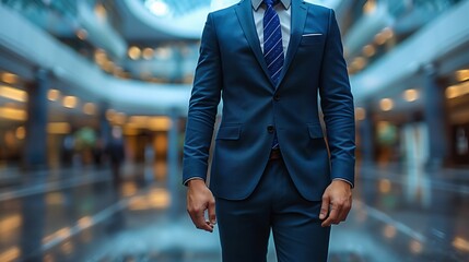 Confident young businessman in blue suit walking through modern city architecture