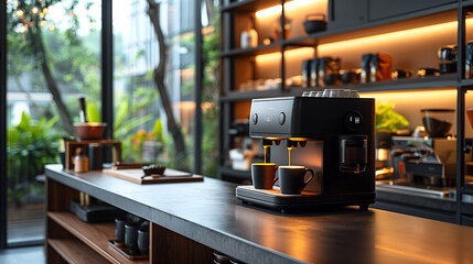 Saw the picture in the coffee shop an espresso machine The smooth, elegant surface is decorated with a poised and creative black mug.