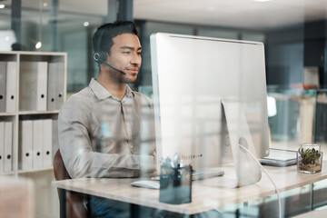 Man, agent and headset with computer, microphone and callcenter or customer care in office with pride. Male person, virtual assistant and tech in telecom for company or business in workplace or job
