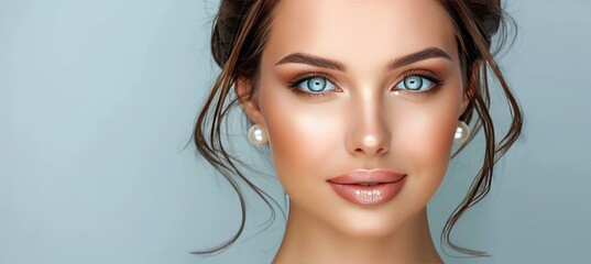 Portrait of a stylish woman with dark hair in low bun hairstyle and pearl earrings