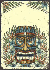 Naklejka na ściany i meble Retro illustration featuring a colorful polynesian tiki mask surrounded by tropical leaves and flowers, surf culture and beach vibes suitable for posters and decorations. Text space