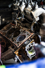 Garage. Car repair. Tools. Rubber tires, wheels.