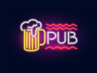 Fashion inscription pub and glass of beer neon sign. Night bright signboard, Glowing light. Summer logo, emblem for Club or bar concept
