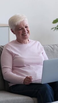 Happy mature Caucasian woman using laptop for online entertainment or chatting in internet social media and laughing at home. Vertical video.