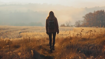 Silhouette of woman hiking at dusk in mountain meadow