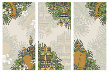 Surfing hawaii poster set, aloha beach summer print with surf board,tropical leaves for surfer. Good vibes. Wooden tiki mask collection. Traditional ethnic idol. Tribal totem for tiki bar. Text space