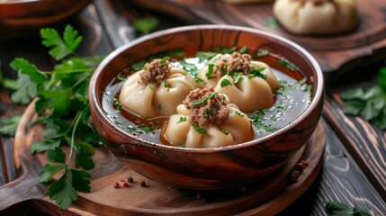 Minced meat in dough bags in chicken broth 