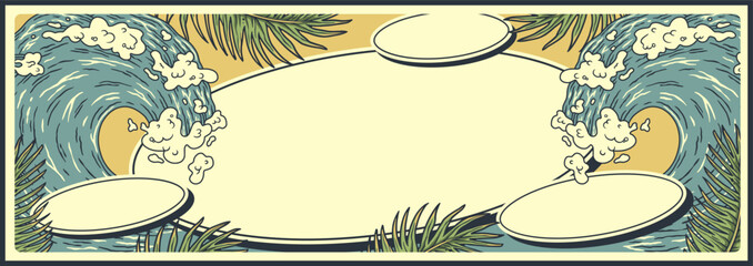 Retro surfing poster template featuring waves, surfboards, and tropical palm leaves with ample space for text, ideal for event promotion or beach-themed graphic design purposes. Text space