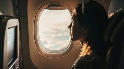 Fototapeta na wymiar Portrait of a woman sitting in a window seat of an airplane