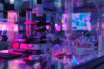 Craft a dynamic composition of a laboratory environment with biotechnological equipment at an unconventional angle, utilizing a mix of vivid colors and glitch art techniques to portray innovation