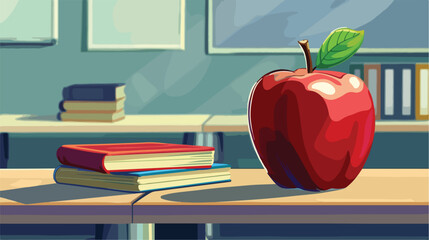 Apple with school books on table in classroom Vectot - obrazy, fototapety, plakaty