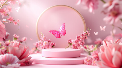 A pink background with a pink butterfly and several pink flowers of various kinds.

