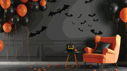 Armchair table Halloween balloons and bats hanging