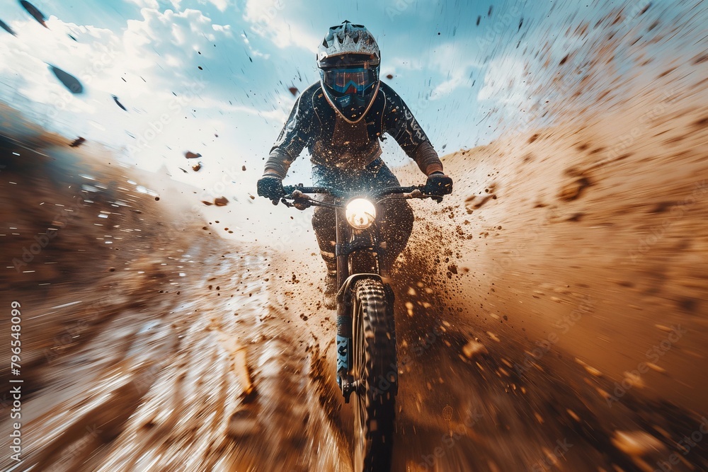 Aufkleber intense image showing a motorcyclist powering through muddy terrain with mud flying, emphasizing the