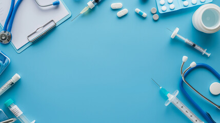 This image shows a stethoscope, a clipboard, some pills, and a syringe on a blue background.


