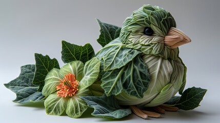 A bird made of green cabbage leaves and a flower made of cabbage leaves