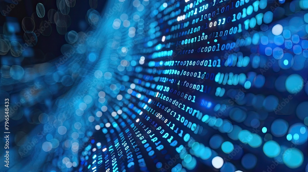 Poster a blue line of binary code with a lot of dots