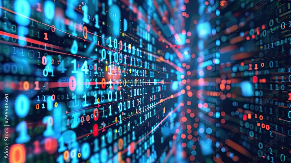 Poster a computer screen with a bunch of numbers and red and blue lines