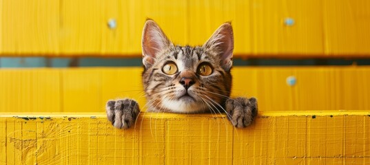 Tabby kitten peeks over yellow wooden surface, paws up, blurred background, copy space for text