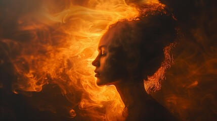 Fire and Beauty: Close-up Portrait of a Sensual Woman Amidst Glowing Flames in Dark, Abstract Background