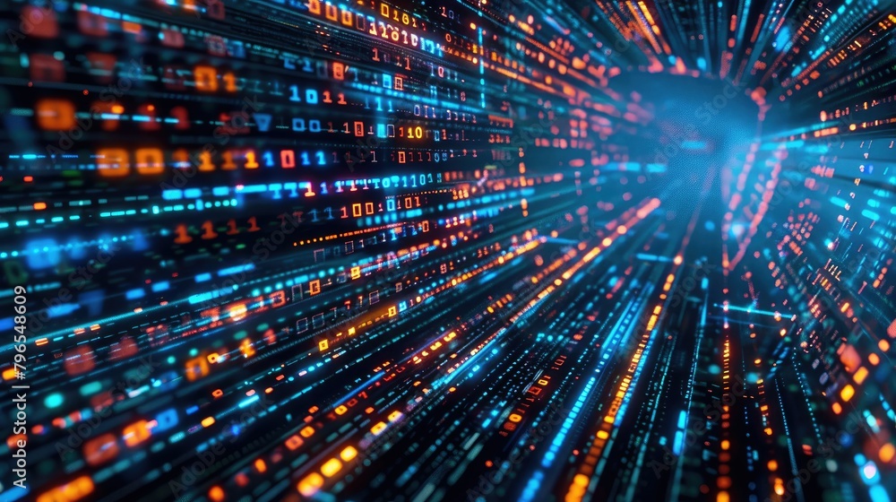 Poster a computer screen with a blue and orange line of numbers