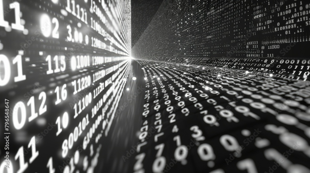 Poster a computer screen with a lot of numbers and a bright light shining through it