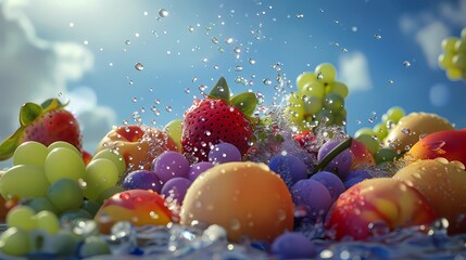 3d illustration of various fruits and berries falling into water with splash, Generative AI illustrations.
