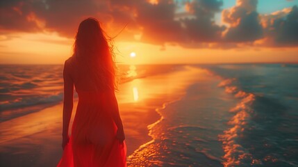 Woman in dress enjoying sunrise on tranquil beach during summer vacation