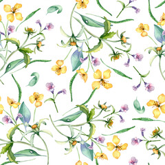 Obraz na płótnie Canvas Yellow, blue meadow wild flowers in watercolor seamless pattern isolated on white. Celandine and bur marigold medicinal plant in sketch. Floral print hand drawn. Design for package, textile, wrapping