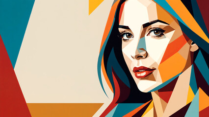 Portrait of a beautiful woman with colorful geometric background