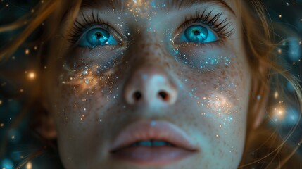 Close-up portrait of woman with blue eyes, smiling in illuminated winter night, with snow falling gently around.