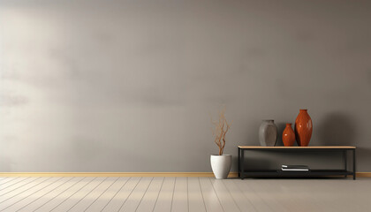 3D rendering of a modern living room with a blank wall wooden floor and decorative items on a console table
