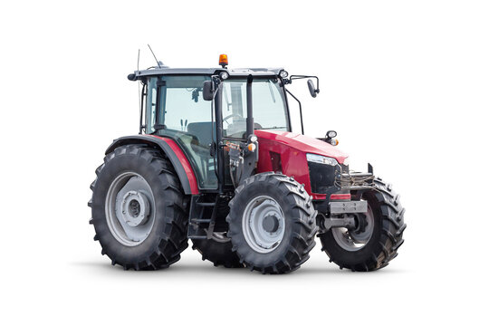 Fototapeta Modern red wheeled tractor isolated