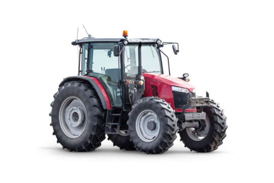 Modern red wheeled tractor isolated