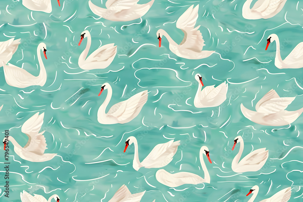 Poster continuous pattern of mint green background with illustration of tiny swans and little waves