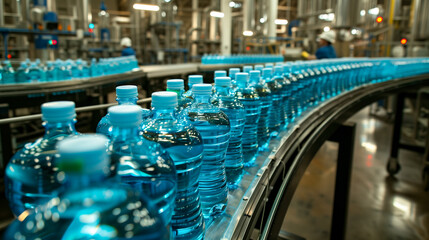 Obraz premium Drink bottles on a conveyor belt in a factory..