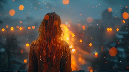 woman enjoying winter night outdoors with glowing yellow lights