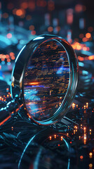 a magnifying glass with digital data on a motherboard ..