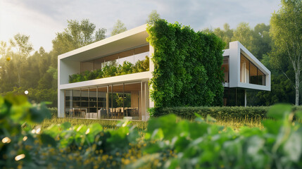 A modern house with a green roof and large windows is surrounded by trees.

