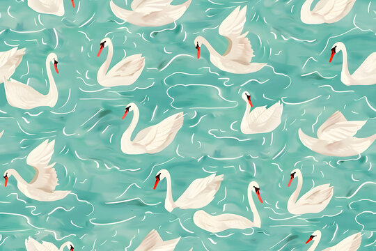 continuous pattern of mint green background with illustration of tiny swans and little waves