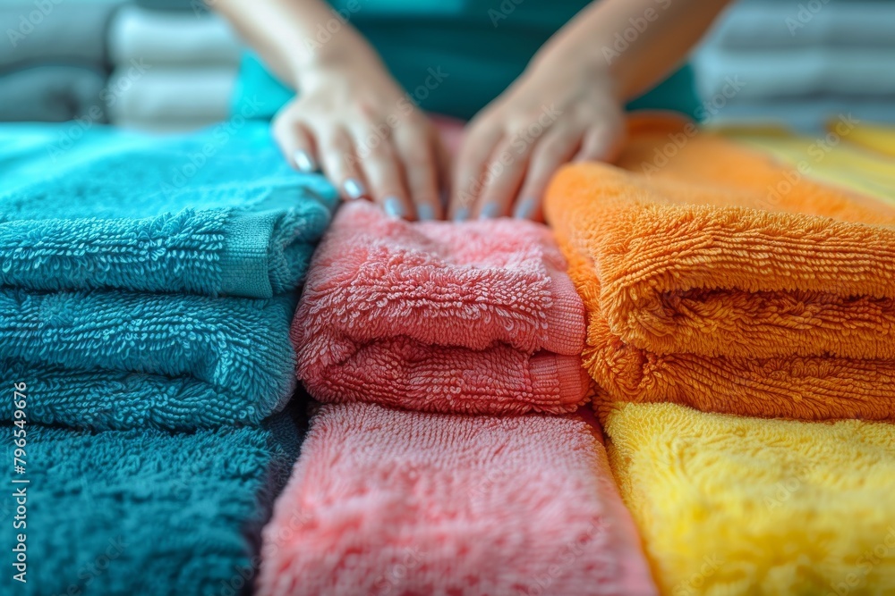 Poster close-up image showing the texture and vibrant colors of neatly folded towels on a shelf in a home s