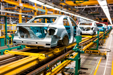 High-tech automated assembly line for modern environmentally friendly cars. Progress and mobility