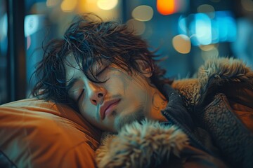 A man is seen resting with his hood on, among urban surroundings at night Excludes face