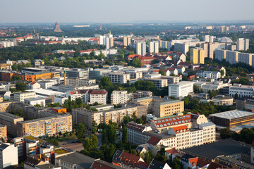 Aerial view of the suburbs of Leipzig, Saxony, Germany at sunset