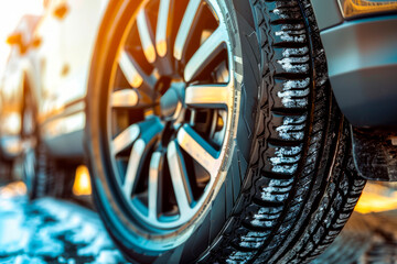 Modern car tires with effective tread on a winter, snow-covered road