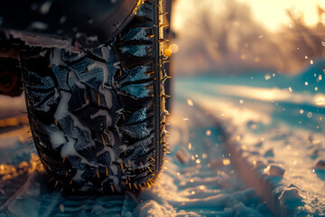 Modern car tires with effective tread on a winter, snow-covered road