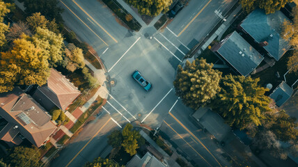 Explore the scenery from a bird's-eye view with trees, road, and cars in motion. AI generative.
