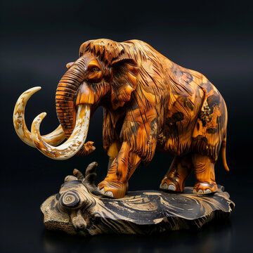 A majestic mammoth. Сollectible figurine of a wooden animal on a black background